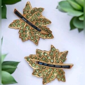 Vintage Signed Boucher 6217 Rhinestone Maple Leaf Clip Earrings Patented 1950s